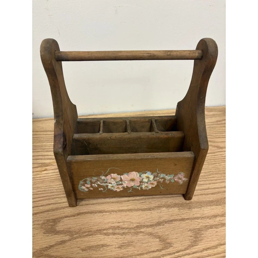 Vintage Small Wooden Carpenter  Makeup Caddy Carrier Rustic Box Floral
